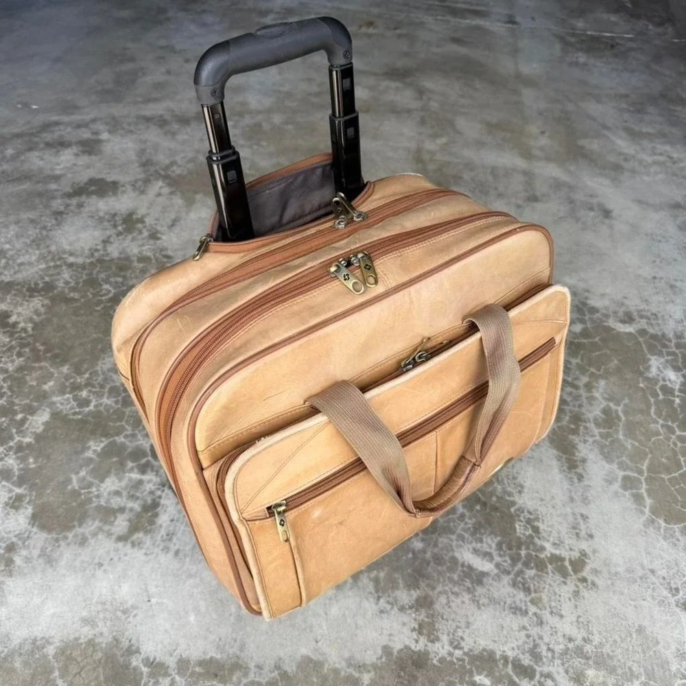 Vintage Natural Tan leather rolling luggage carry on suit case duffle bag